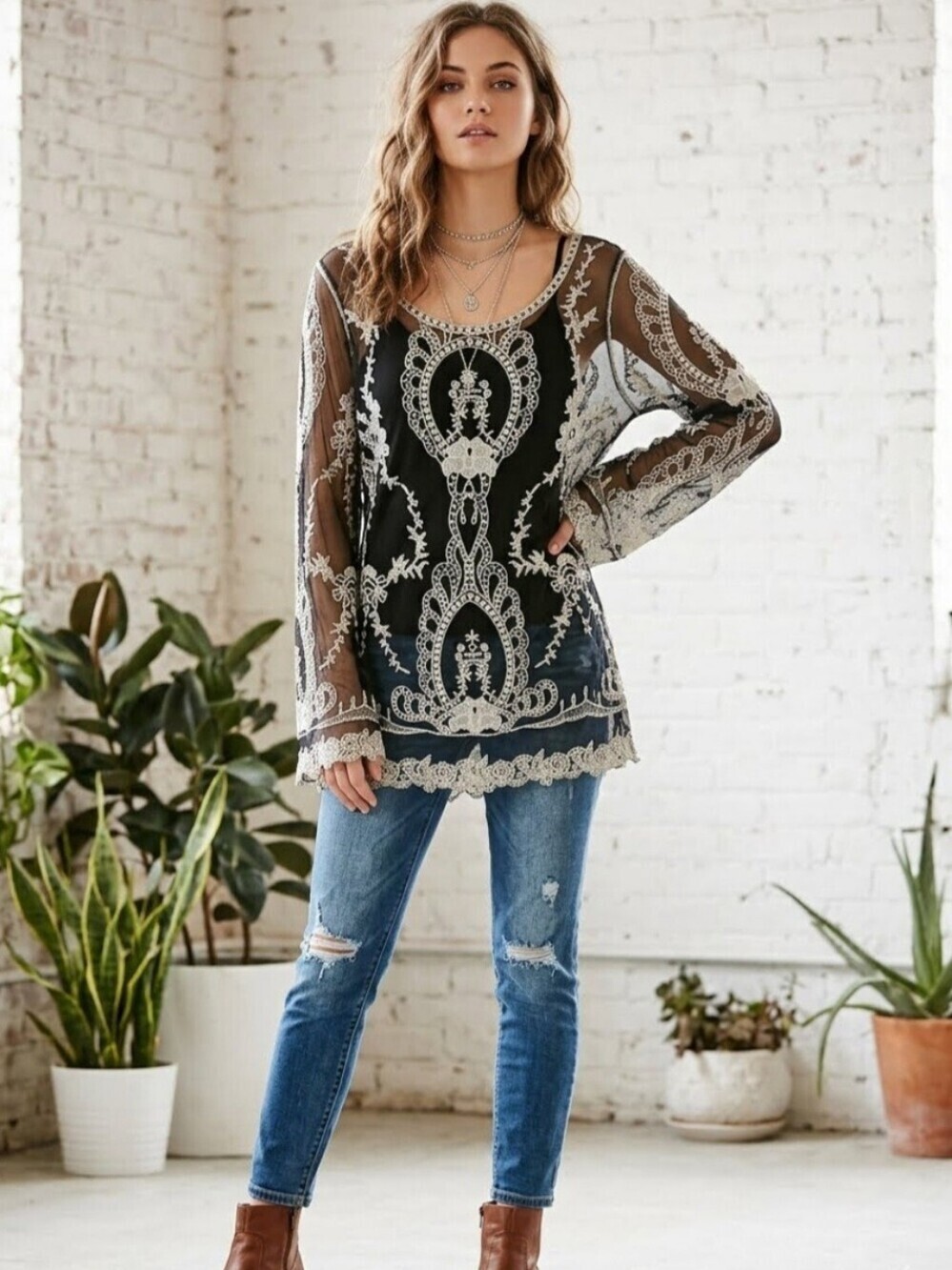 Cover Stitched Women's Black White Mesh Embroidered Long Sleeve Boat Neck Top L